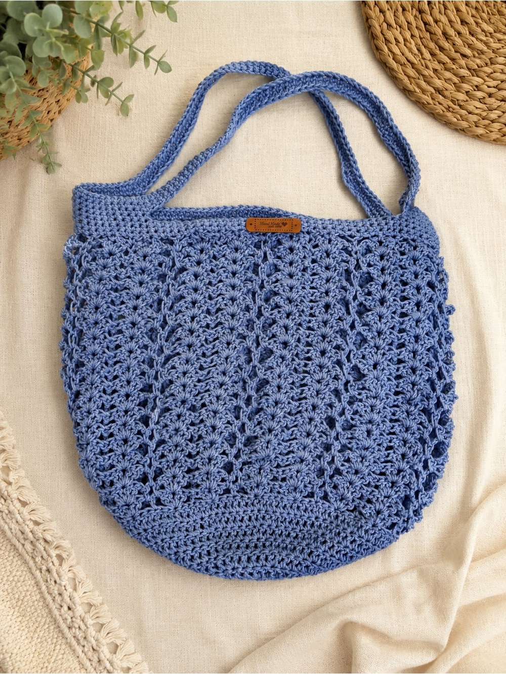 Blue Crochet Tote Bag - Lightweight Beach & Market Bag